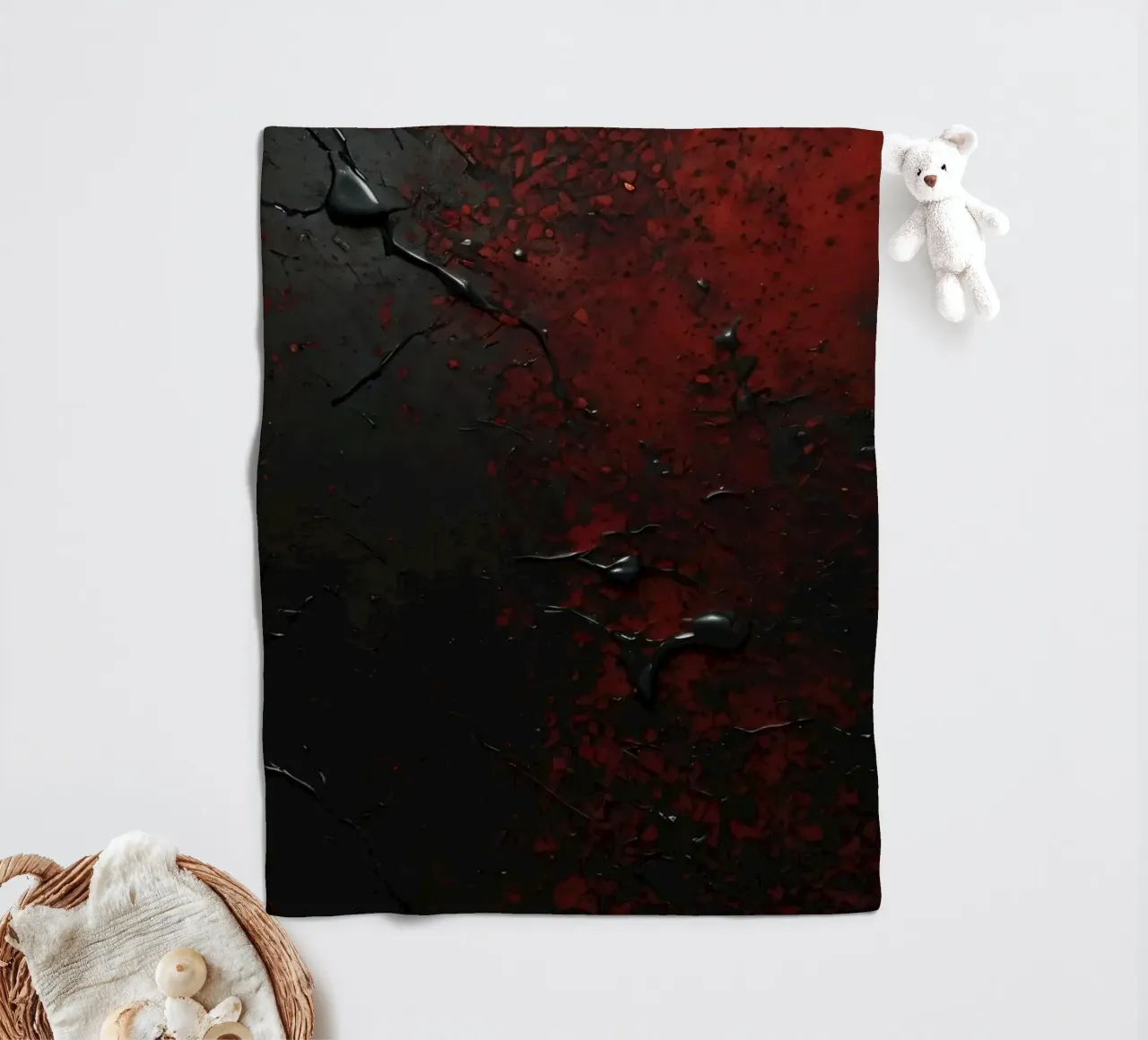 Abstract texture with black and red paint splashes on a dark fleece blanket by DesignDoodle