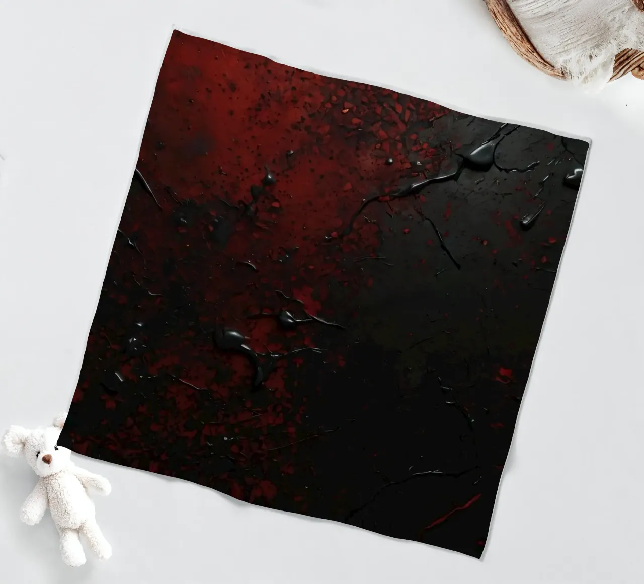 Abstract texture with black and red paint splashes on a dark fleece blanket by DesignDoodle