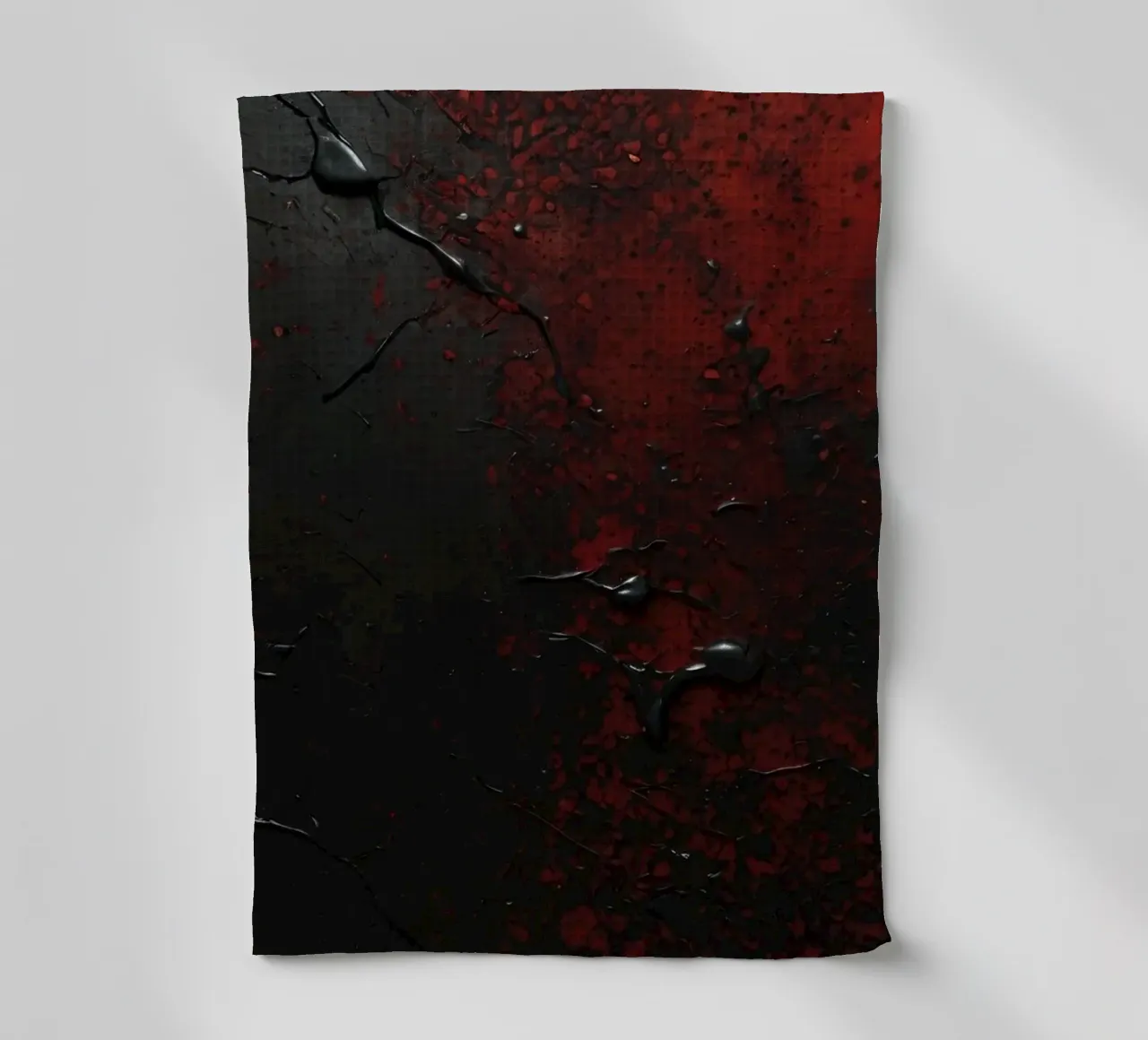 Abstract texture with black and red paint splashes on a dark tea towel by DesignDoodle