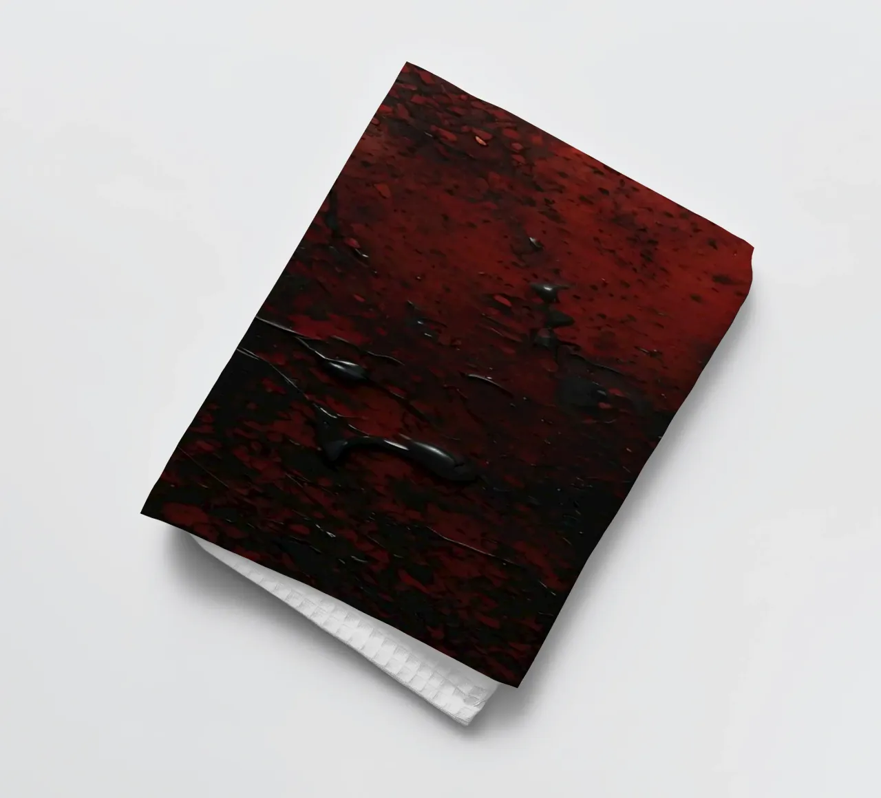 Abstract texture with black and red paint splashes on a dark tea towel by DesignDoodle