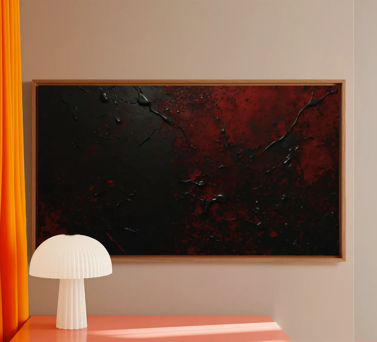 Abstract texture with black and red paint splashes on a dark canvas by DesignDoodle