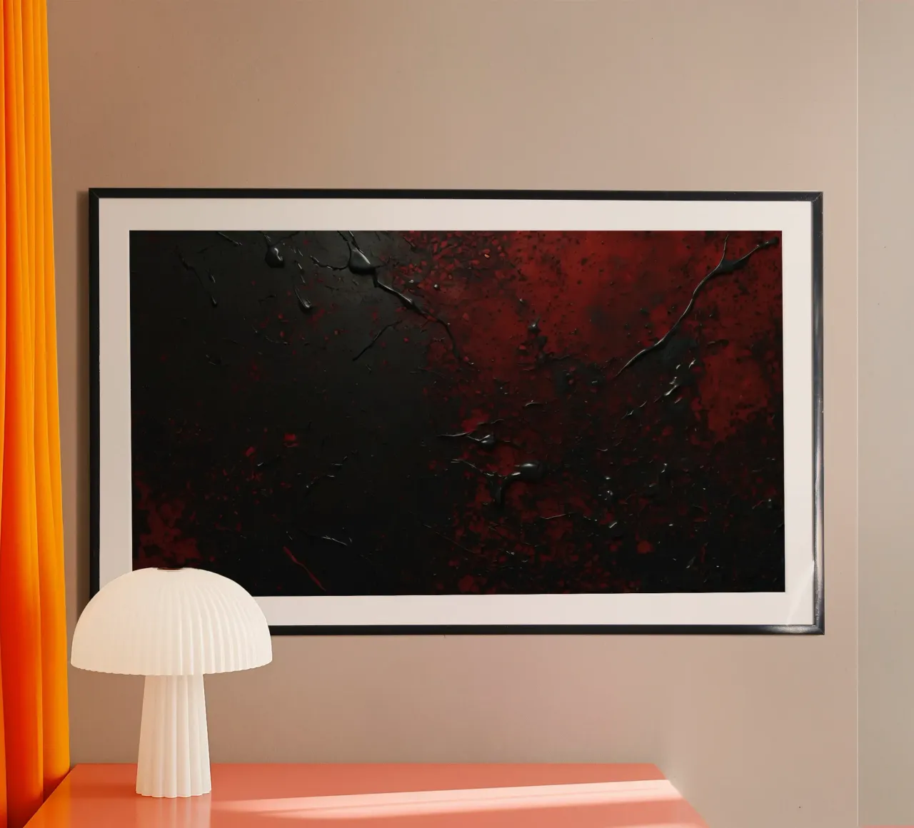 Abstract texture with black and red paint splashes on a dark hahnemühle by DesignDoodle