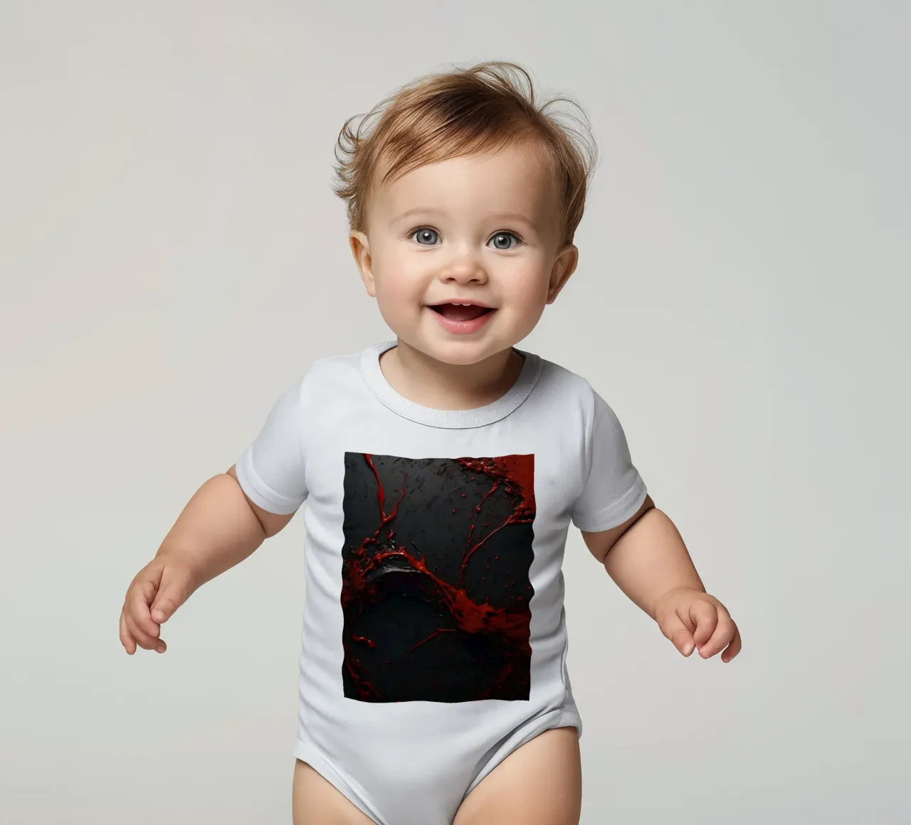 Vivid red paint splatter creates abstract design a dark short-sleeve baby romper by DesignDoodle