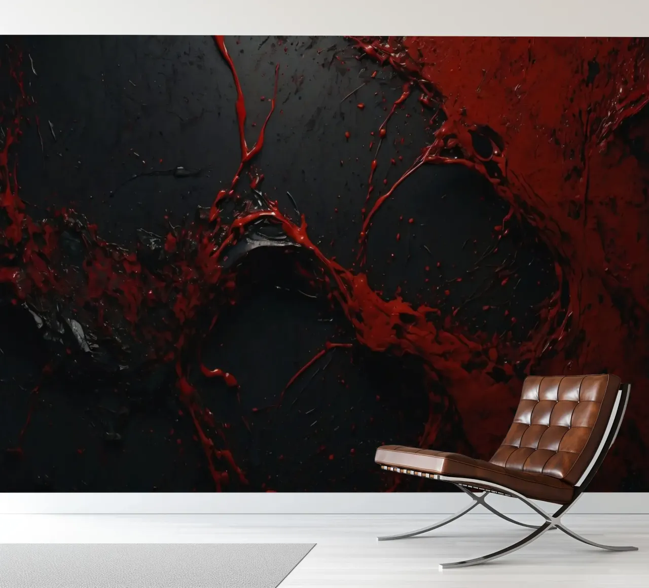 Vivid red paint splatter creates abstract design a dark photo wallpaper by DesignDoodle