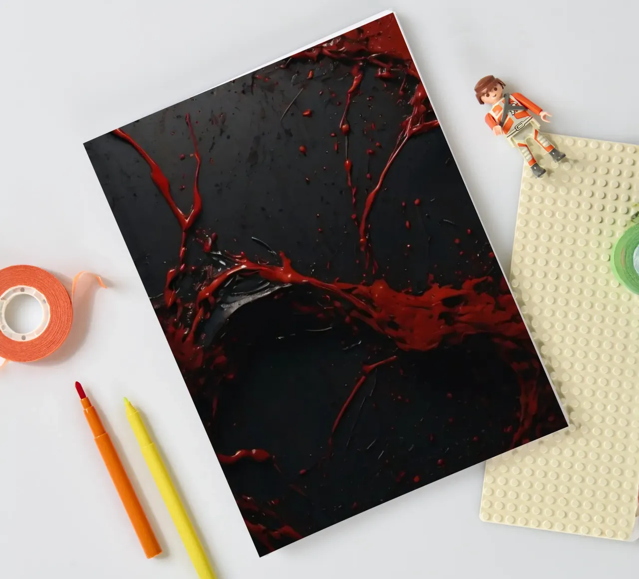 Vivid red paint splatter creates abstract design a dark notebook by DesignDoodle