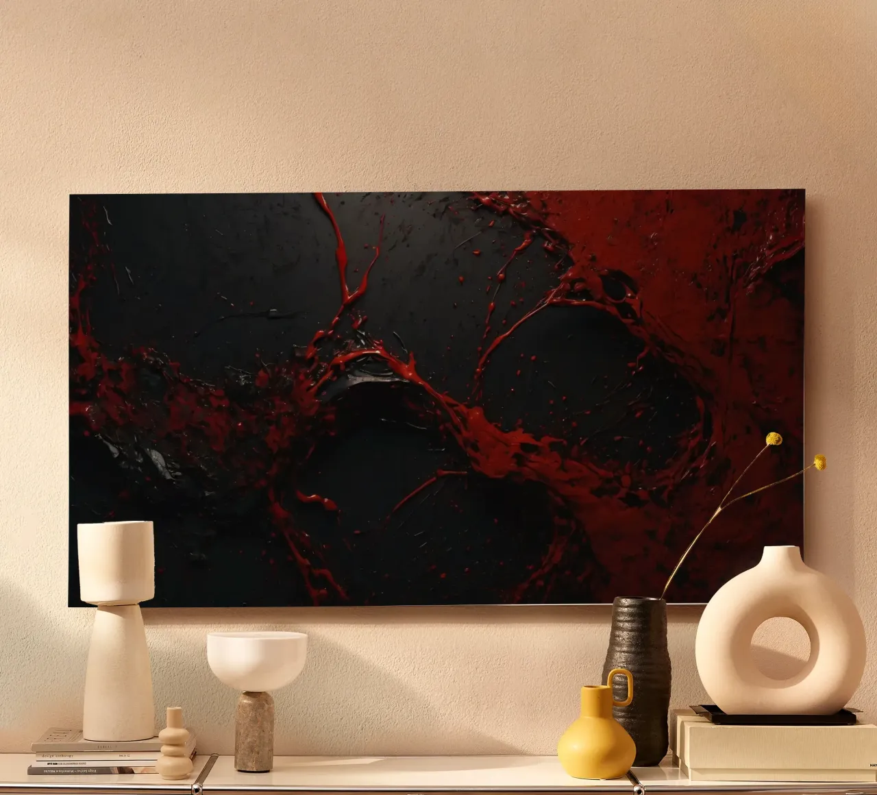 Vivid red paint splatter creates abstract design a dark alu-dibond by DesignDoodle