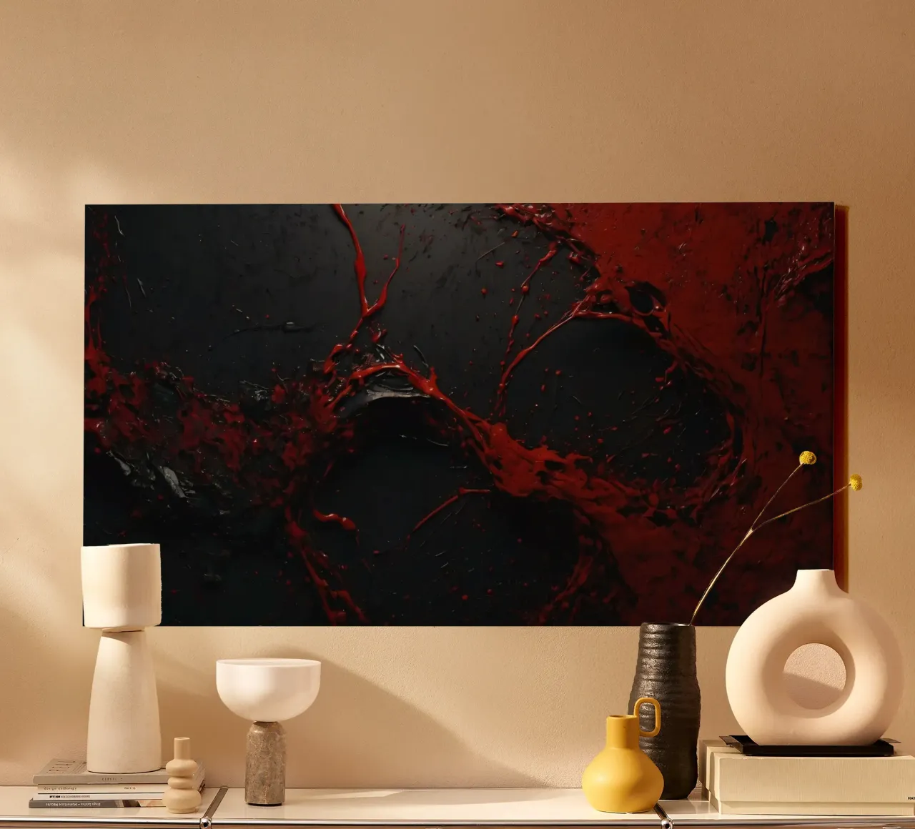 Vivid red paint splatter creates abstract design a dark canvas by DesignDoodle