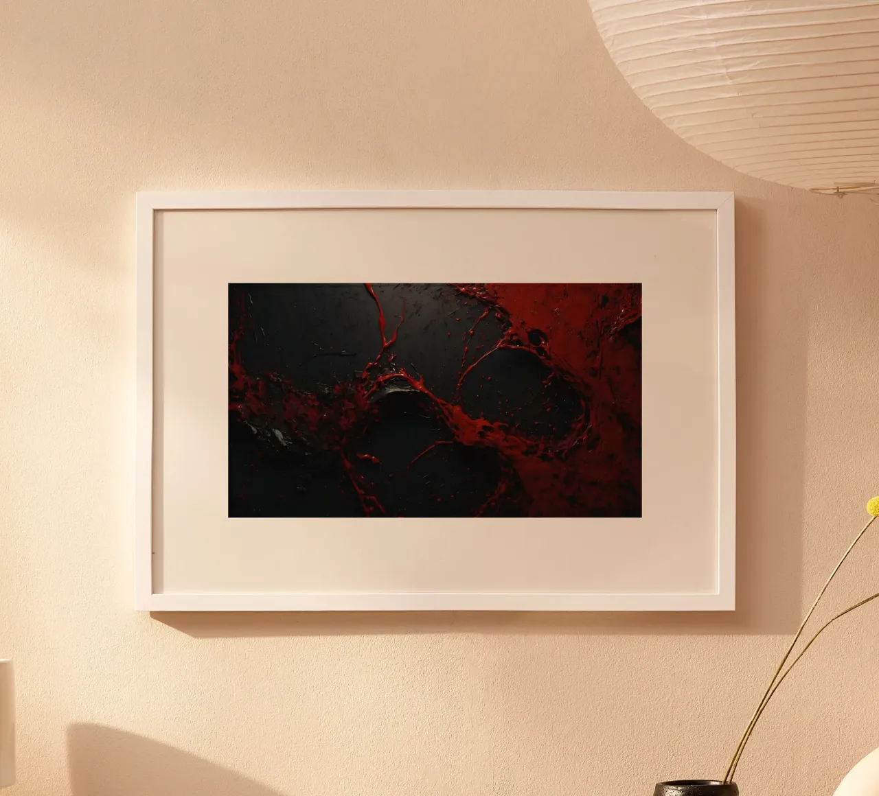 Vivid red paint splatter creates abstract design a dark hahnemühle by DesignDoodle