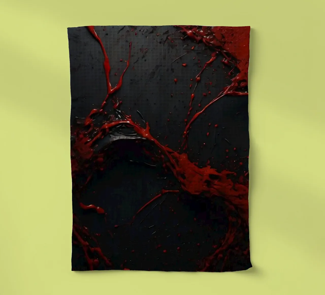 Vivid red paint splatter creates abstract design a dark tea towel by DesignDoodle