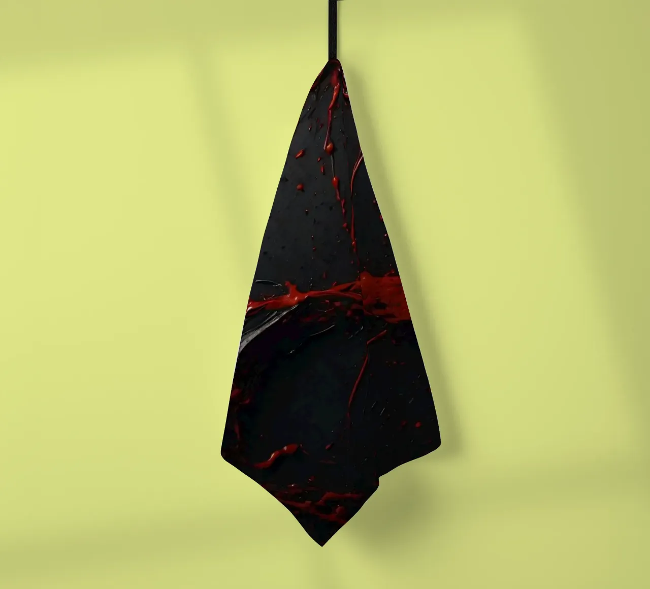 Vivid red paint splatter creates abstract design a dark tea towel by DesignDoodle
