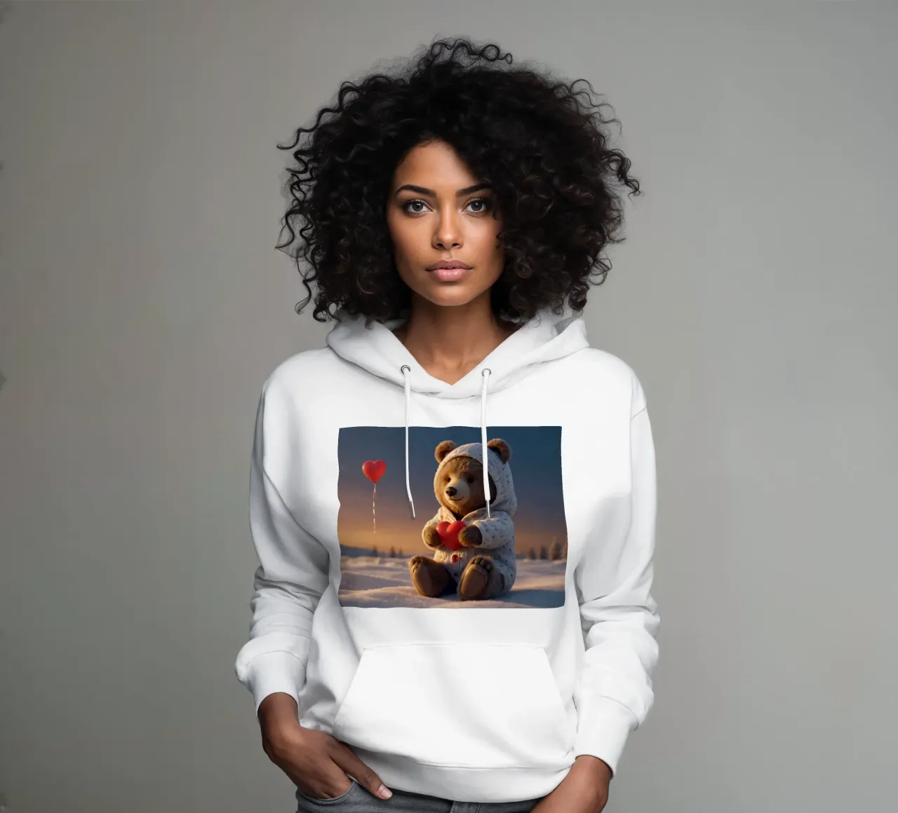 Un orsacchiotto con un'accogliente felpa con cappuccio stringe un cuore in una terra invernale felpa con cappuccio da DesignDoodle