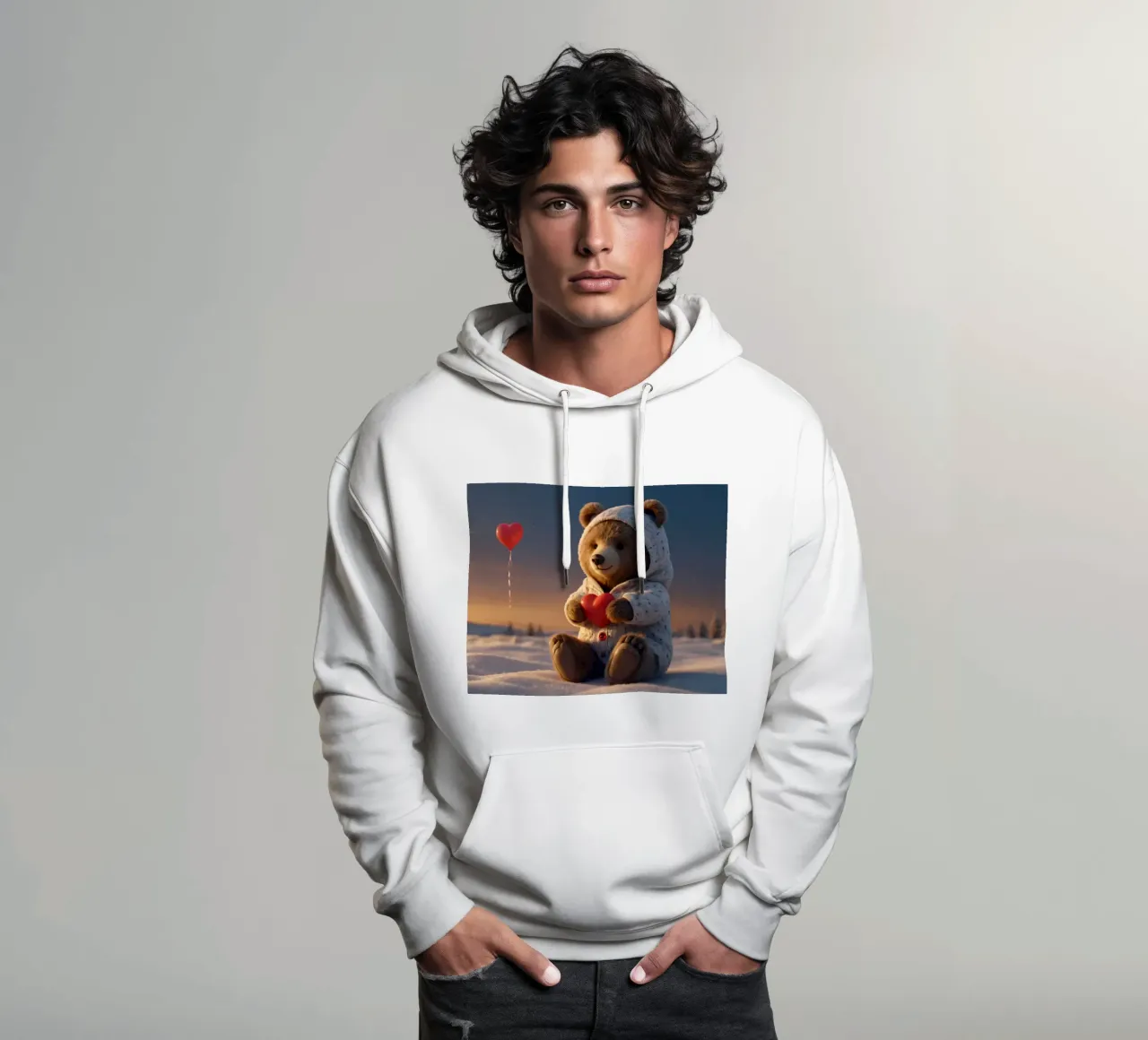 Un orsacchiotto con un'accogliente felpa con cappuccio stringe un cuore in una terra invernale felpa con cappuccio da DesignDoodle