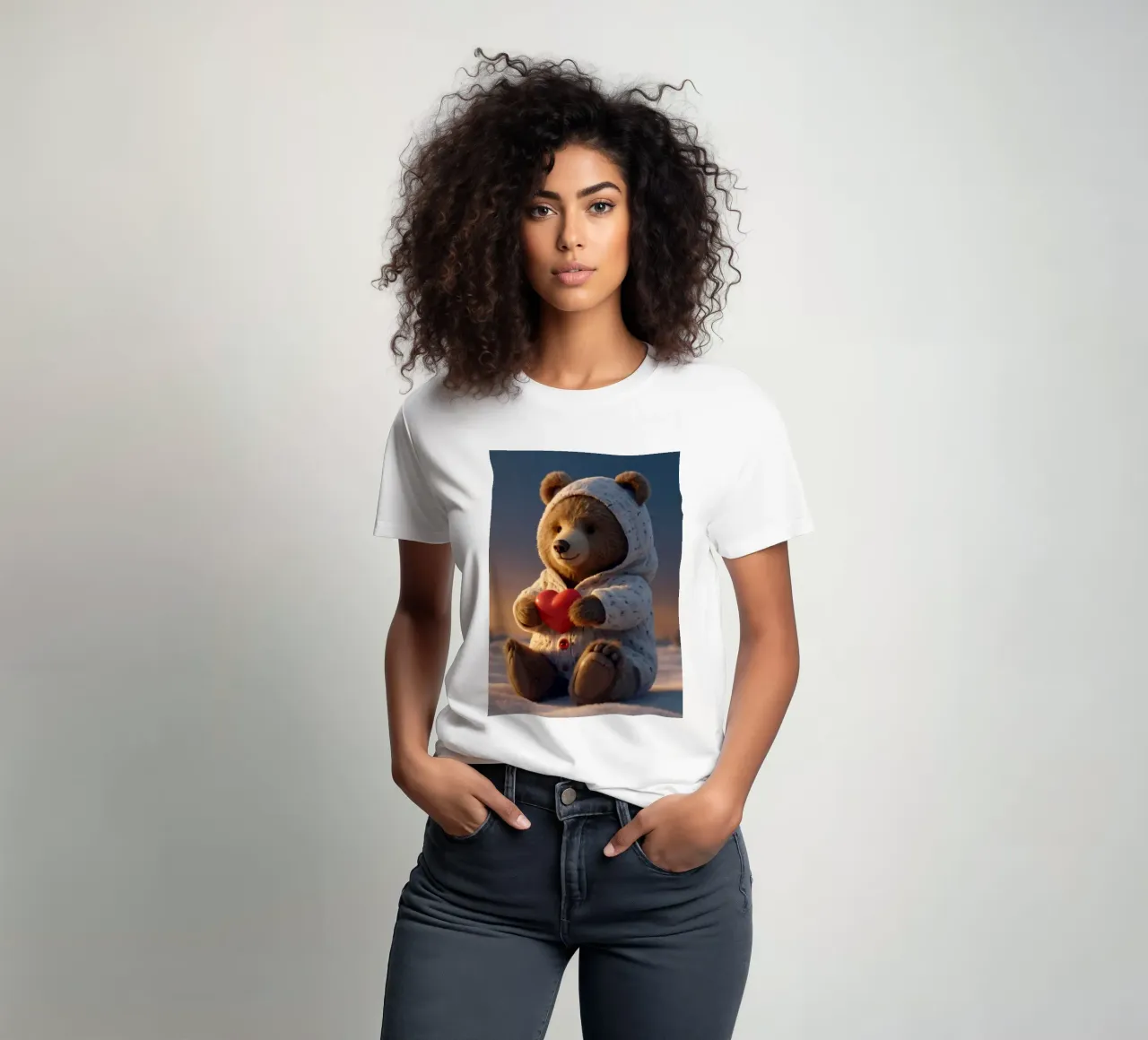 Un orsacchiotto con un'accogliente felpa con cappuccio stringe un cuore in una terra invernale t-shirt da DesignDoodle