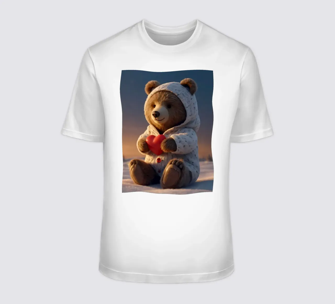 Un orsacchiotto con un'accogliente felpa con cappuccio stringe un cuore in una terra invernale t-shirt da DesignDoodle