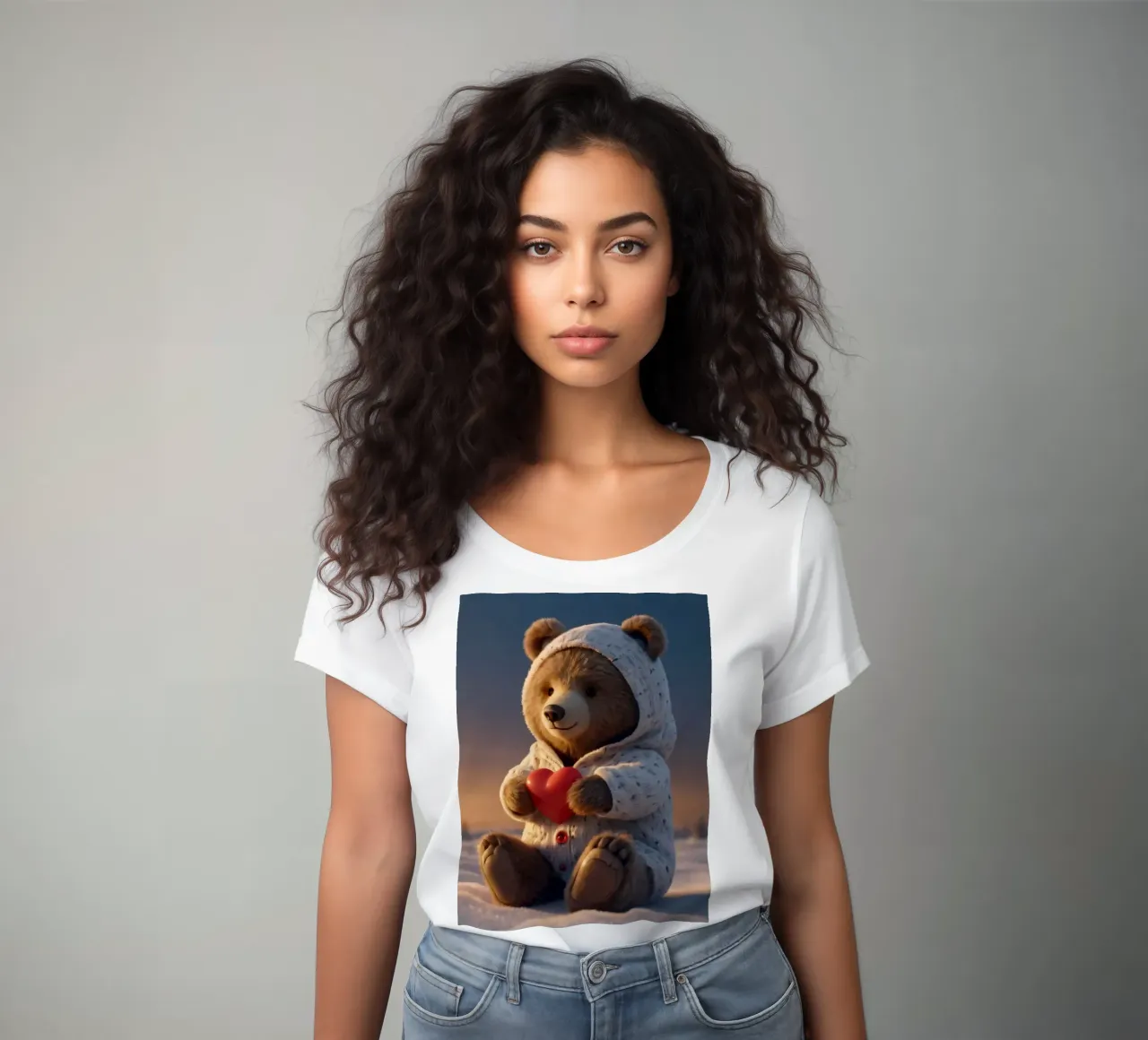 Un orsacchiotto con un'accogliente felpa con cappuccio stringe un cuore in una terra invernale t-shirt da donna da DesignDoodle