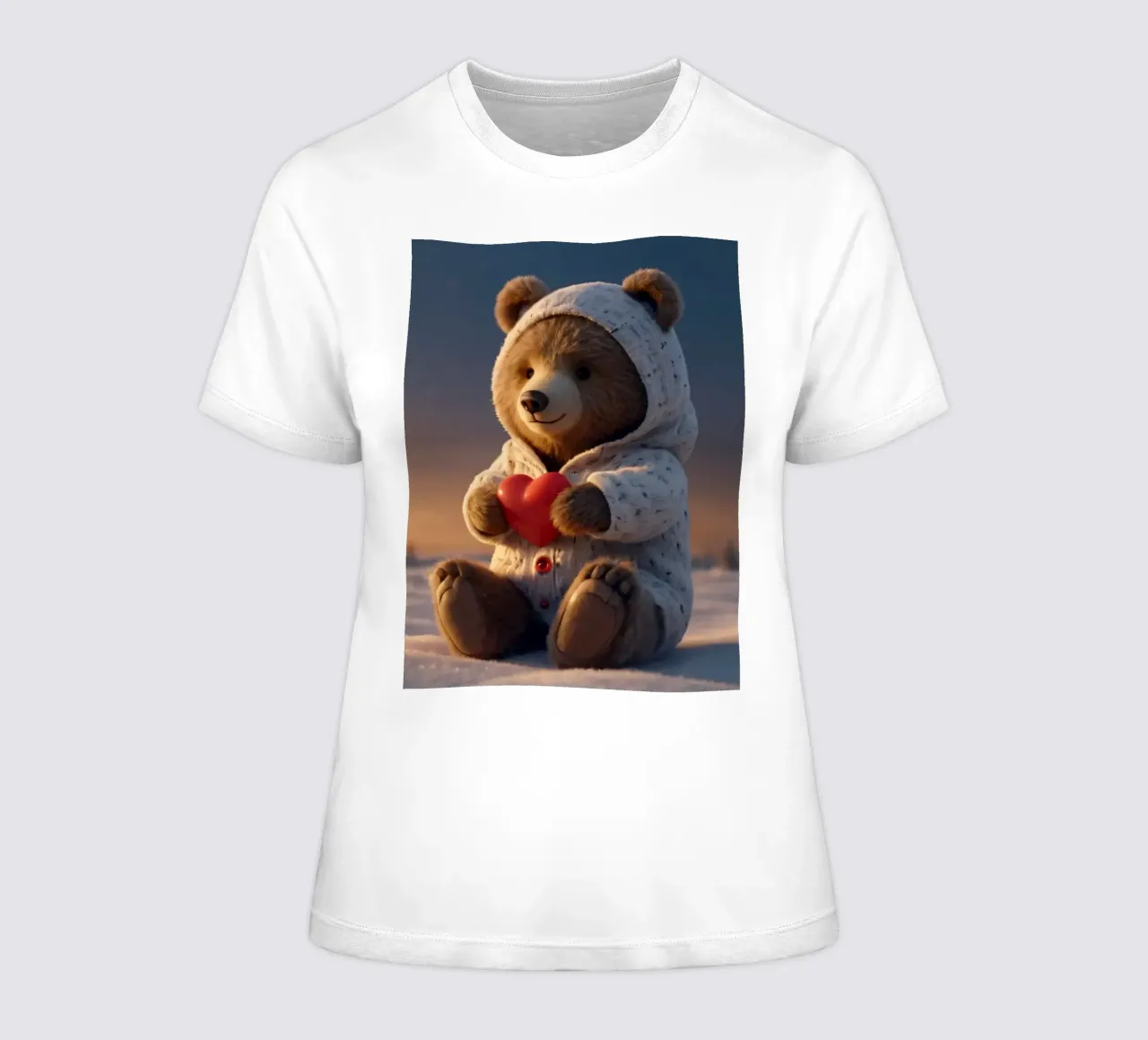 Un orsacchiotto con un'accogliente felpa con cappuccio stringe un cuore in una terra invernale t-shirt da donna da DesignDoodle
