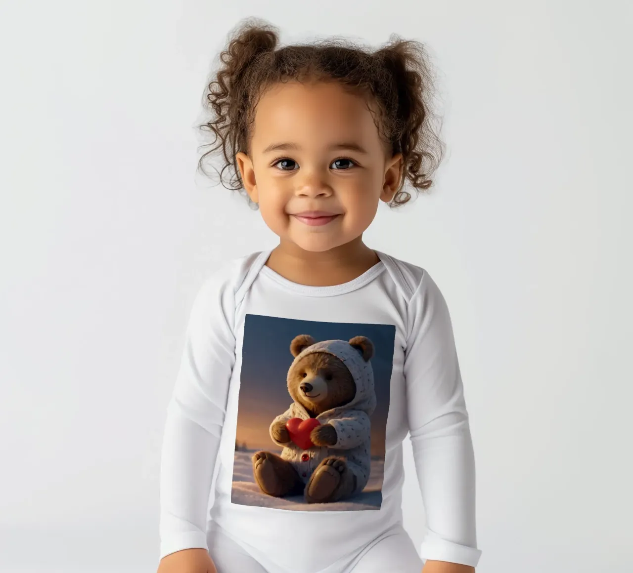 Un orsacchiotto con un'accogliente felpa con cappuccio stringe un cuore in una terra invernale body neonato maniche lunghe da DesignDoodle