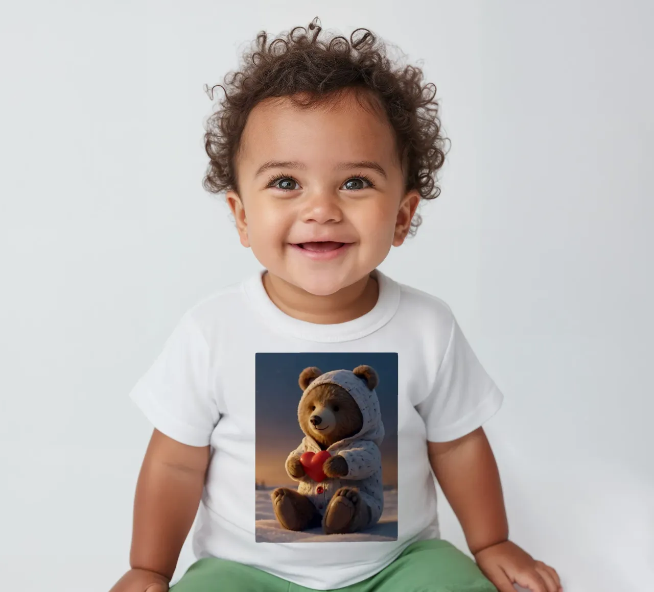 Un orsacchiotto con un'accogliente felpa con cappuccio stringe un cuore in una terra invernale maglietta neonato da DesignDoodle