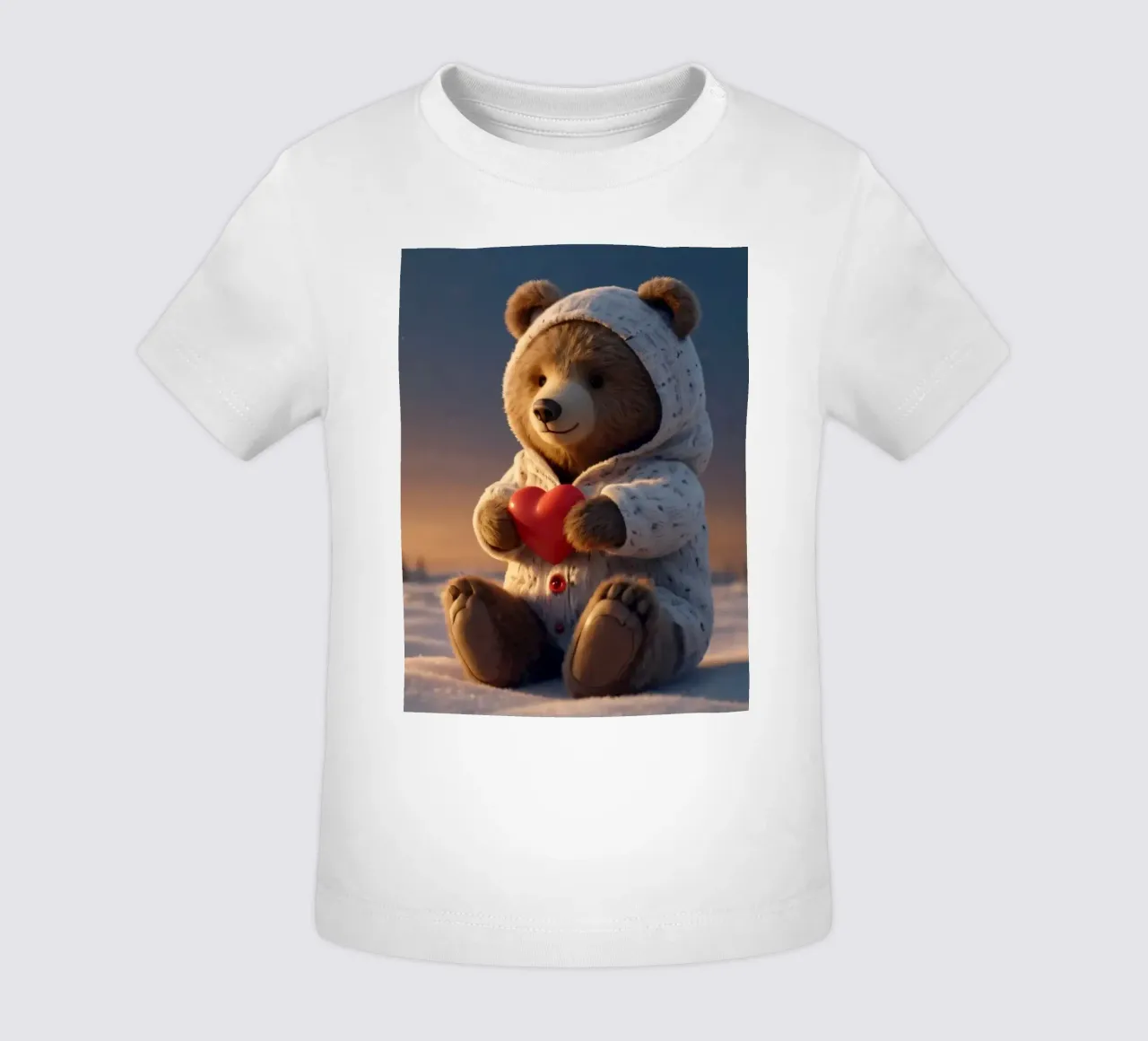 Un orsacchiotto con un'accogliente felpa con cappuccio stringe un cuore in una terra invernale maglietta neonato da DesignDoodle