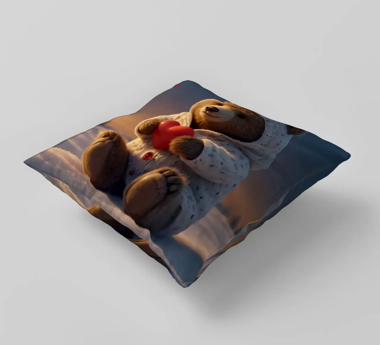 Un orsacchiotto con un'accogliente felpa con cappuccio stringe un cuore in una terra invernale cuscino da DesignDoodle