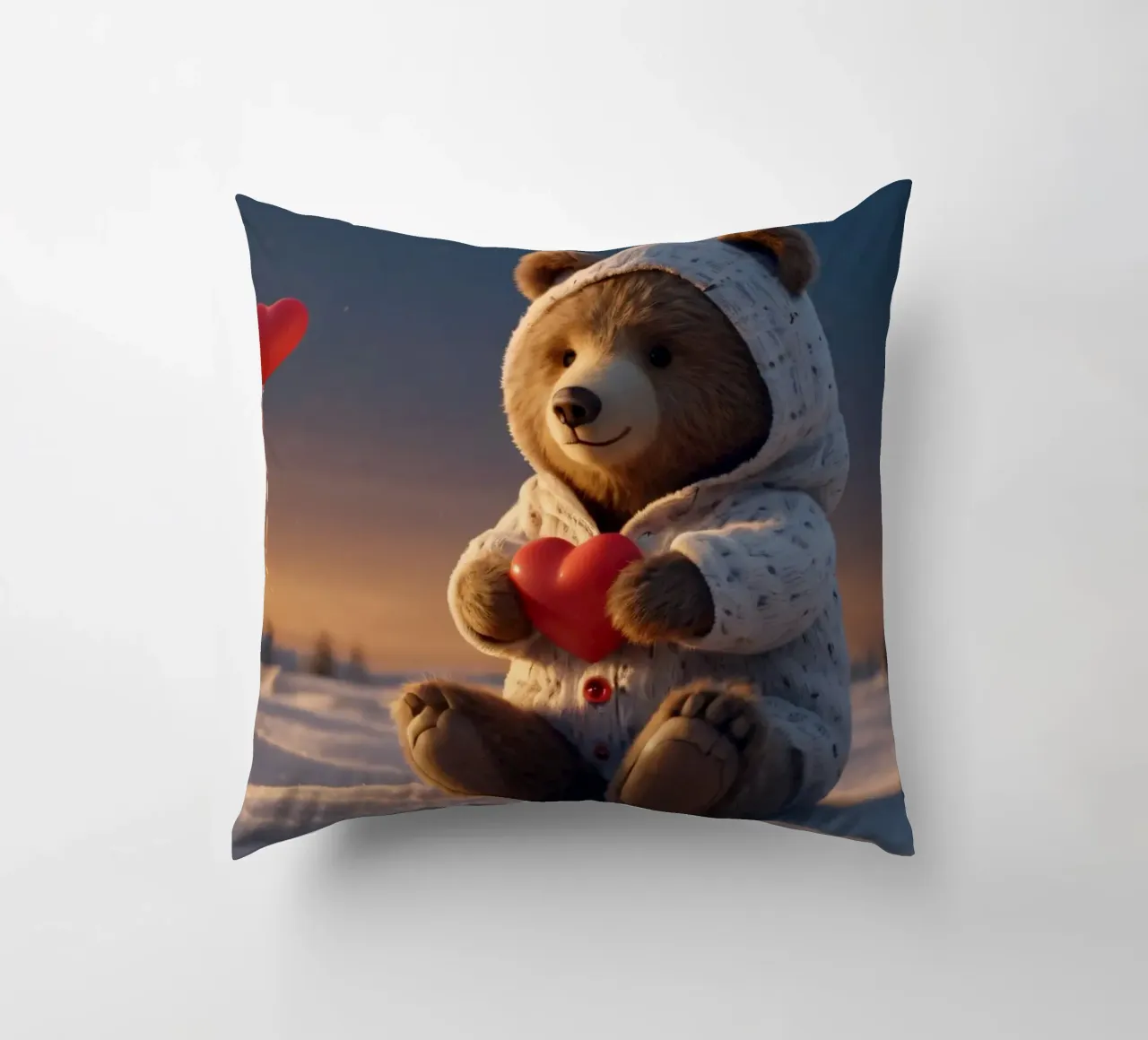 Un orsacchiotto con un'accogliente felpa con cappuccio stringe un cuore in una terra invernale cuscino da DesignDoodle