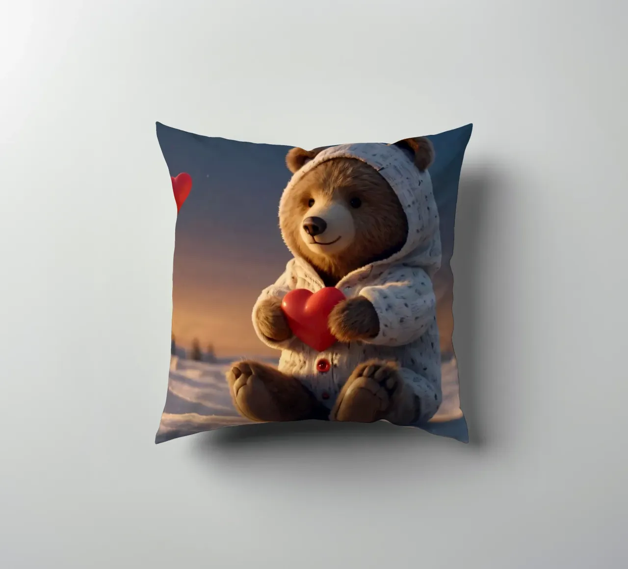 Un orsacchiotto con un'accogliente felpa con cappuccio stringe un cuore in una terra invernale cuscino da DesignDoodle