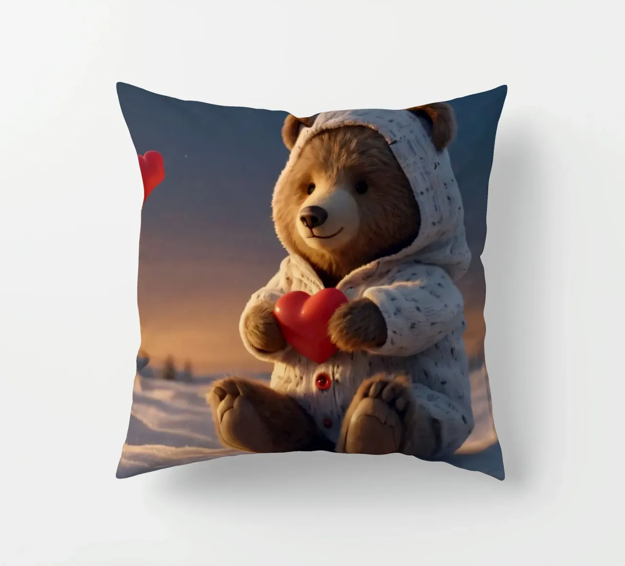 Un orsacchiotto con un'accogliente felpa con cappuccio stringe un cuore in una terra invernale cuscino da DesignDoodle