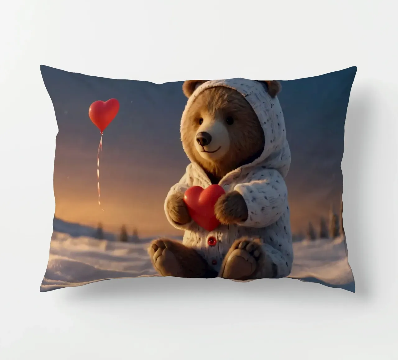 Un orsacchiotto con un'accogliente felpa con cappuccio stringe un cuore in una terra invernale cuscino da DesignDoodle