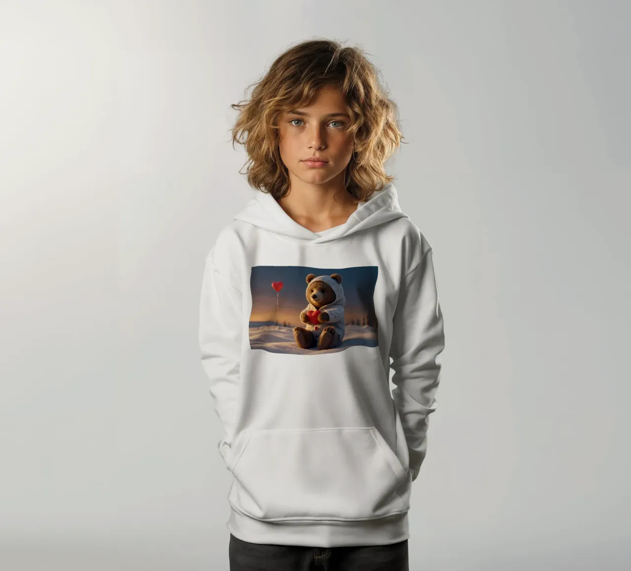 Un orsacchiotto con un'accogliente felpa con cappuccio stringe un cuore in una terra invernale felpa bambino con cappuccio da DesignDoodle