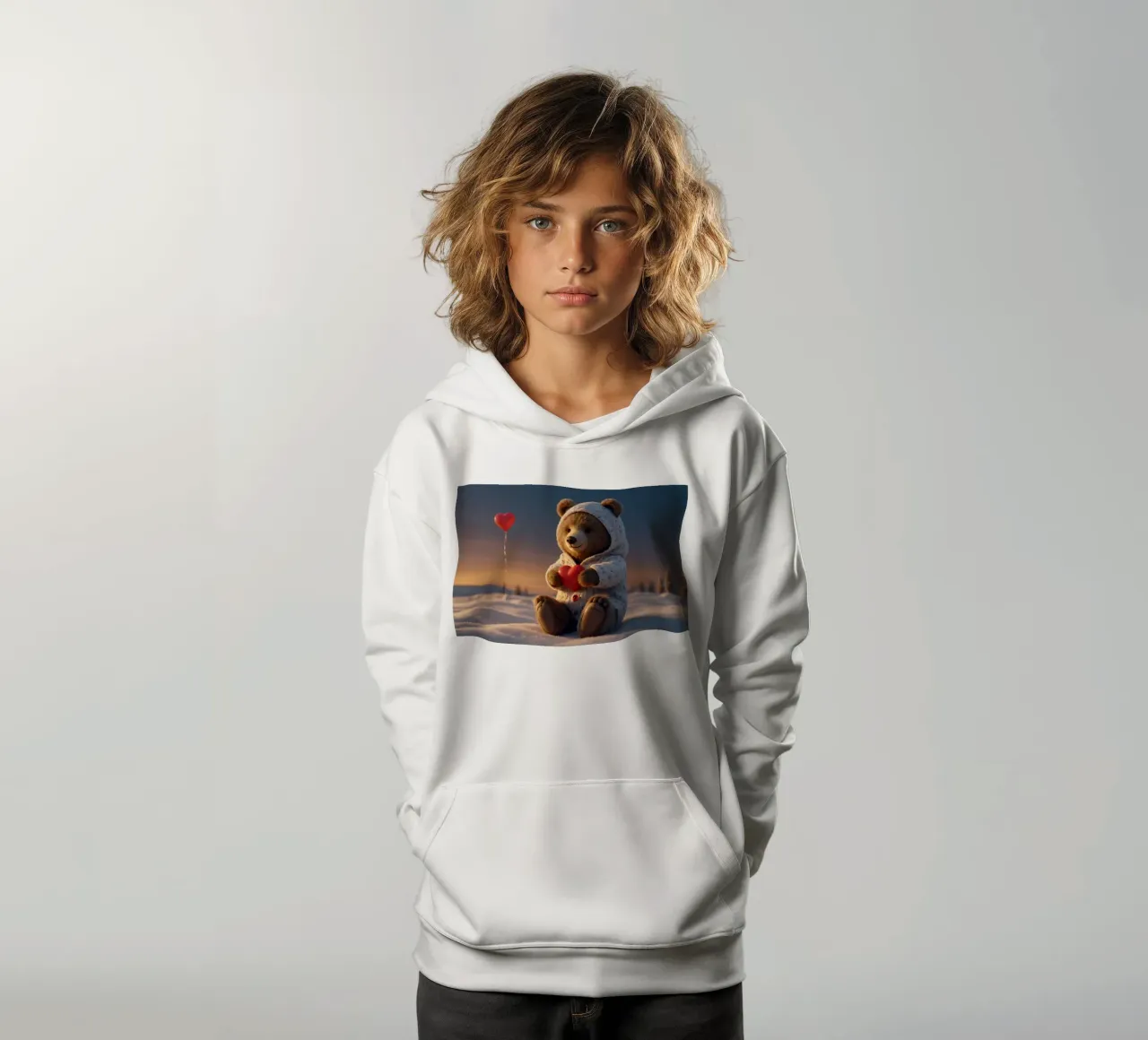 Un orsacchiotto con un'accogliente felpa con cappuccio stringe un cuore in una terra invernale felpa bambino con cappuccio da DesignDoodle