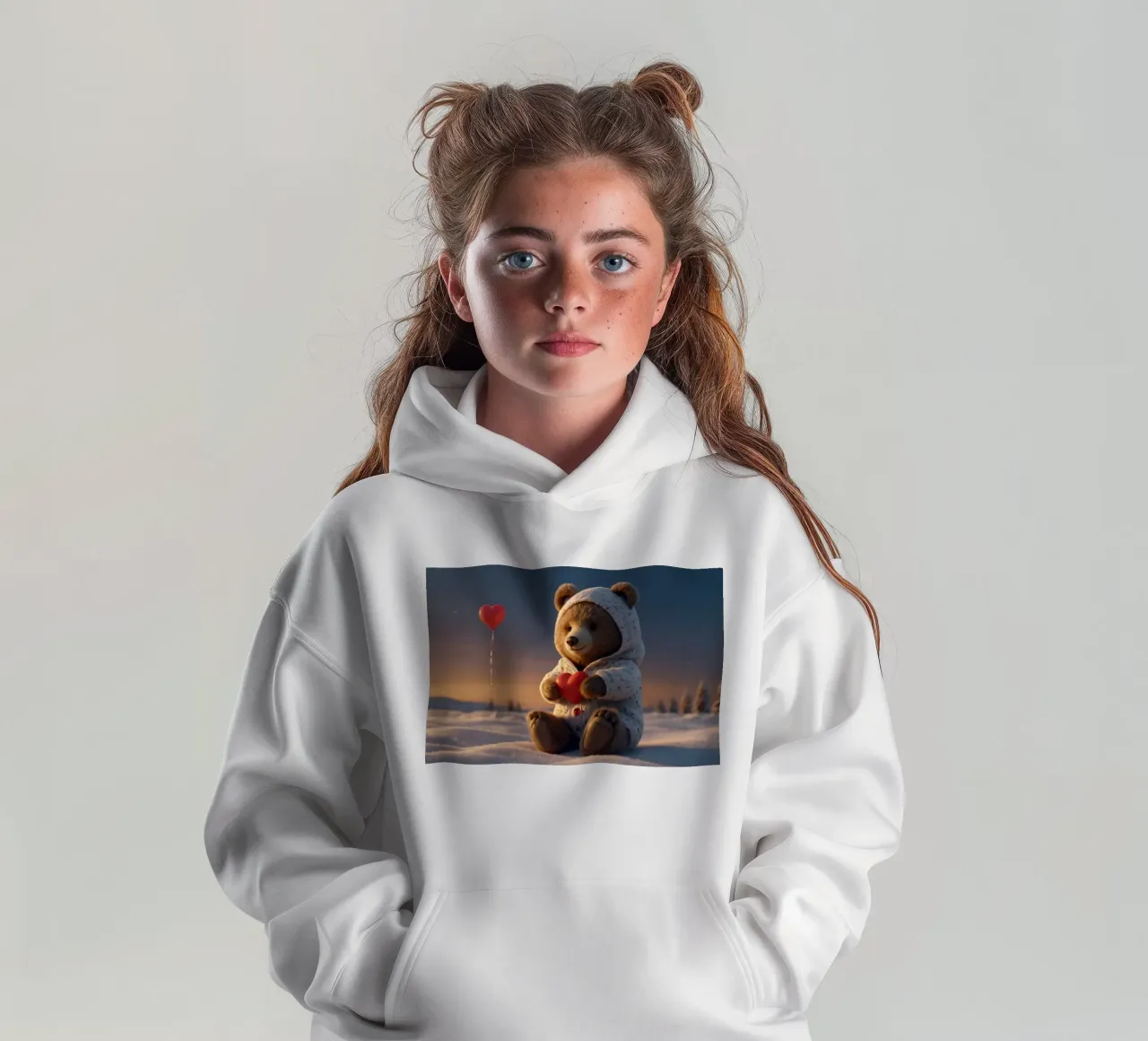 Un orsacchiotto con un'accogliente felpa con cappuccio stringe un cuore in una terra invernale felpa bambino con cappuccio da DesignDoodle