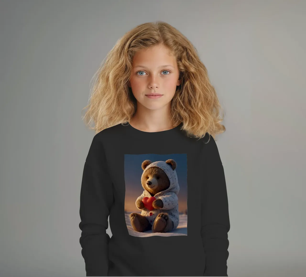 Un orsacchiotto con un'accogliente felpa con cappuccio stringe un cuore in una terra invernale felpa bambino da DesignDoodle