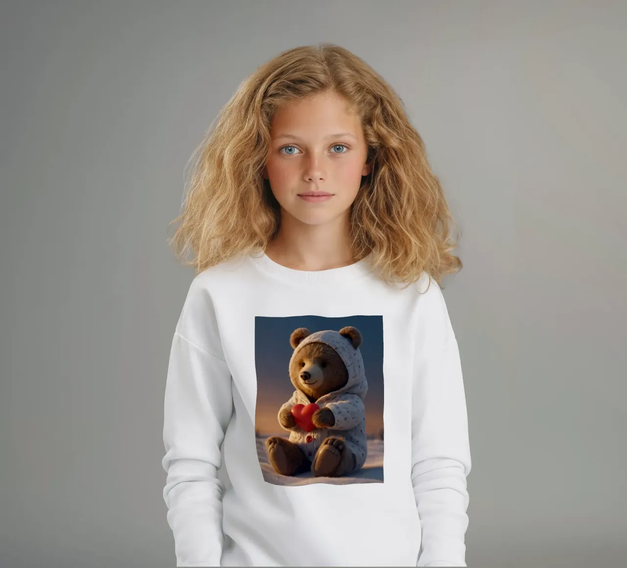 Un orsacchiotto con un'accogliente felpa con cappuccio stringe un cuore in una terra invernale felpa bambino da DesignDoodle