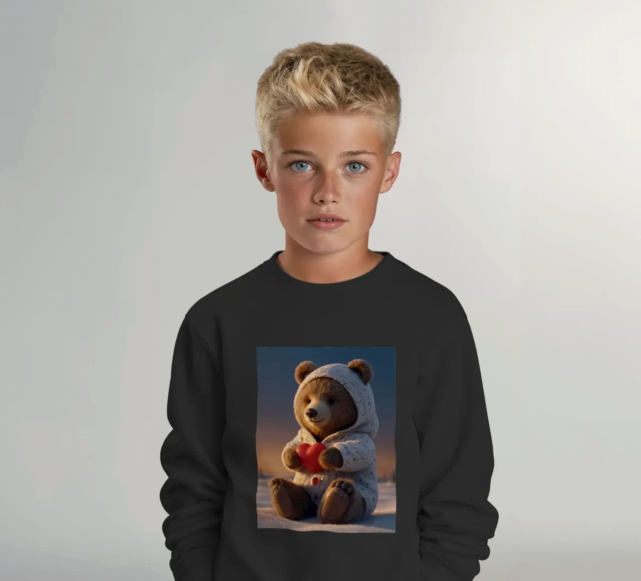 Un orsacchiotto con un'accogliente felpa con cappuccio stringe un cuore in una terra invernale felpa bambino da DesignDoodle