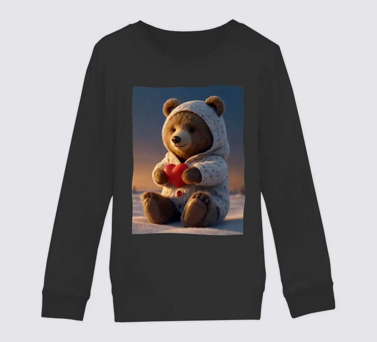 Un orsacchiotto con un'accogliente felpa con cappuccio stringe un cuore in una terra invernale felpa bambino da DesignDoodle