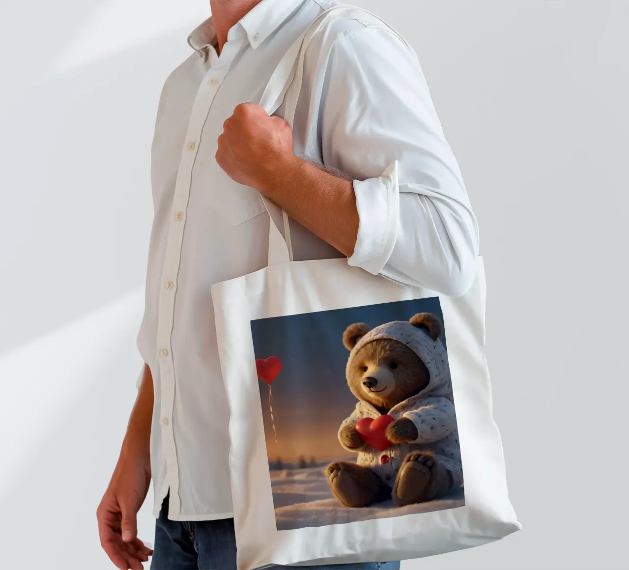 Un orsacchiotto con un'accogliente felpa con cappuccio stringe un cuore in una terra invernale borsa in juta da DesignDoodle