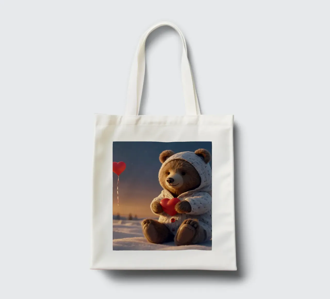 Un orsacchiotto con un'accogliente felpa con cappuccio stringe un cuore in una terra invernale borsa in juta da DesignDoodle