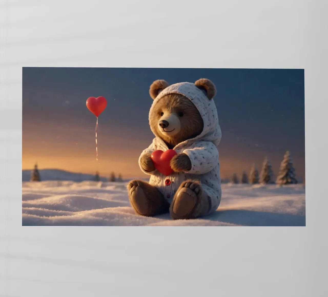 Un orsacchiotto con un'accogliente felpa con cappuccio stringe un cuore in una terra invernale pellicola backlit da DesignDoodle
