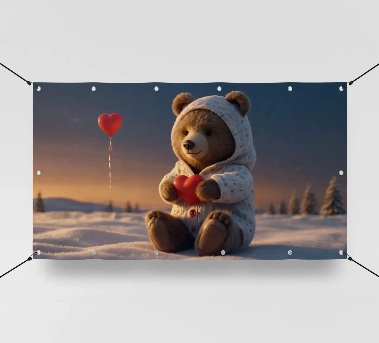 Un ours en peluche vêtu d'un sweat à capuche douillet tient un cœur dans un pays d'hiver. bâche pvc de DesignDoodle