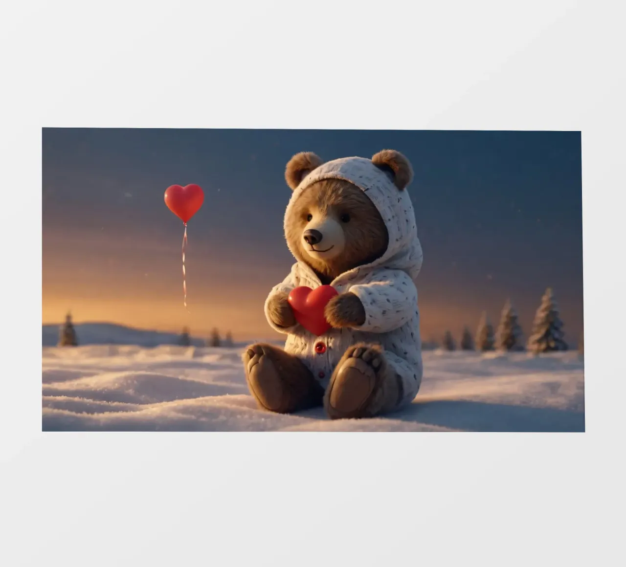 Un ours en peluche vêtu d'un sweat à capuche douillet tient un cœur dans un pays d'hiver. bâche pvc de DesignDoodle