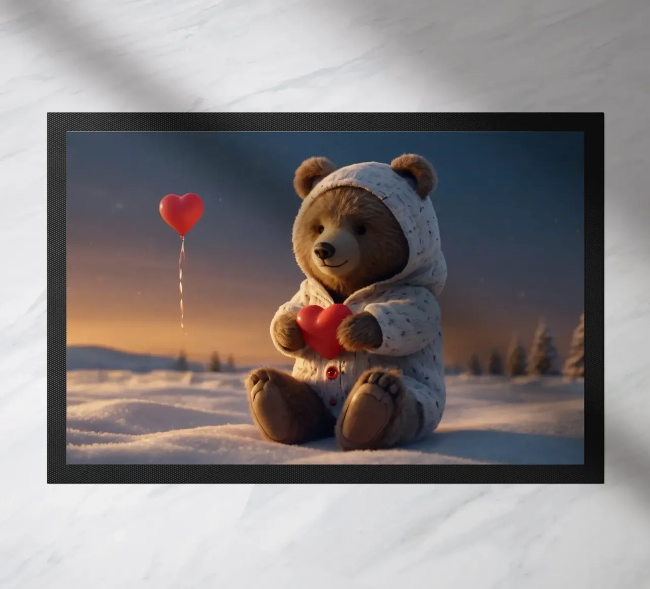 Ein Teddybär in einem kuscheligen Kapuzenpulli hält ein Herz in einem Winterland Fußmatte von DesignDoodle