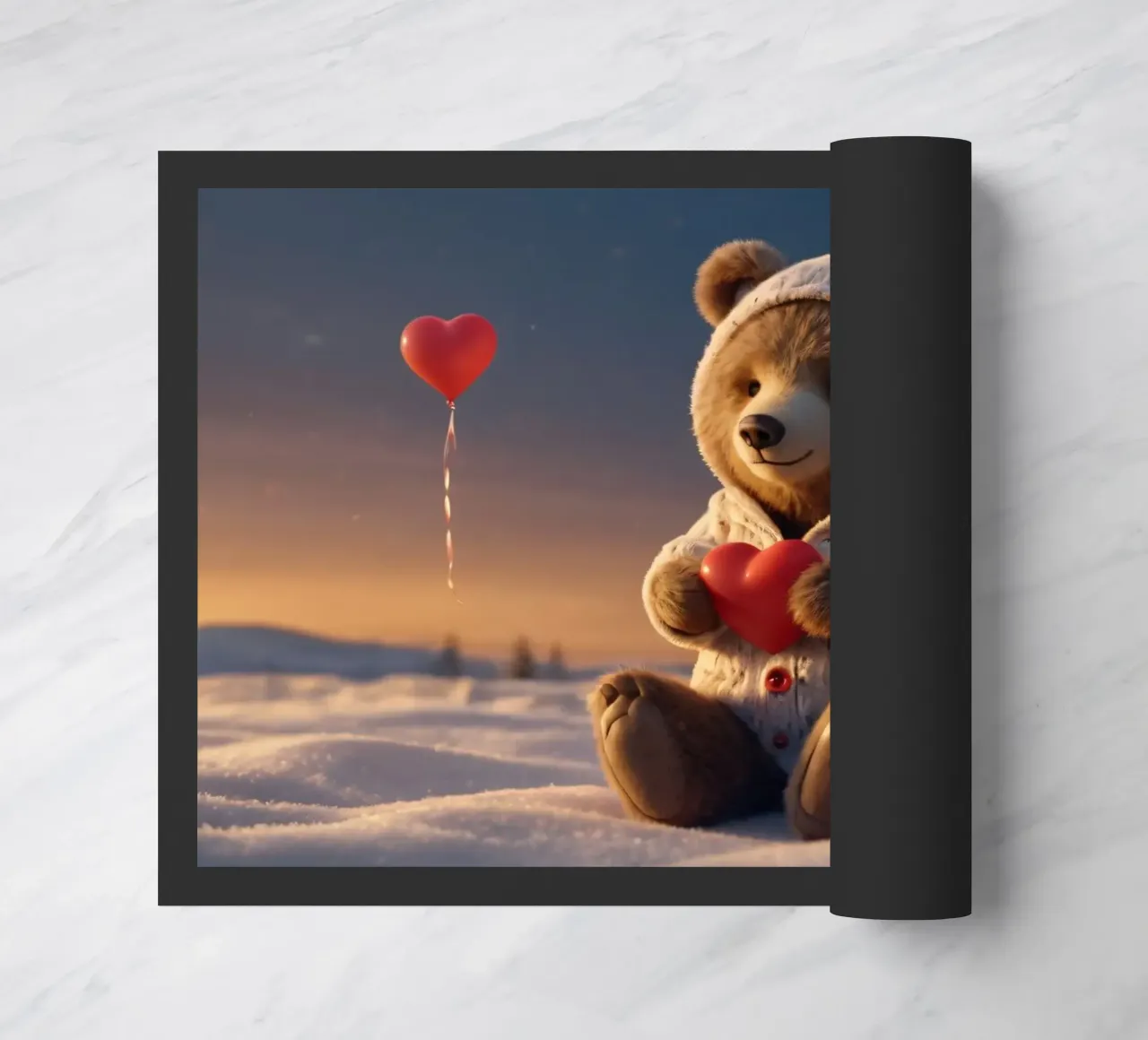 Ein Teddybär in einem kuscheligen Kapuzenpulli hält ein Herz in einem Winterland Fußmatte von DesignDoodle