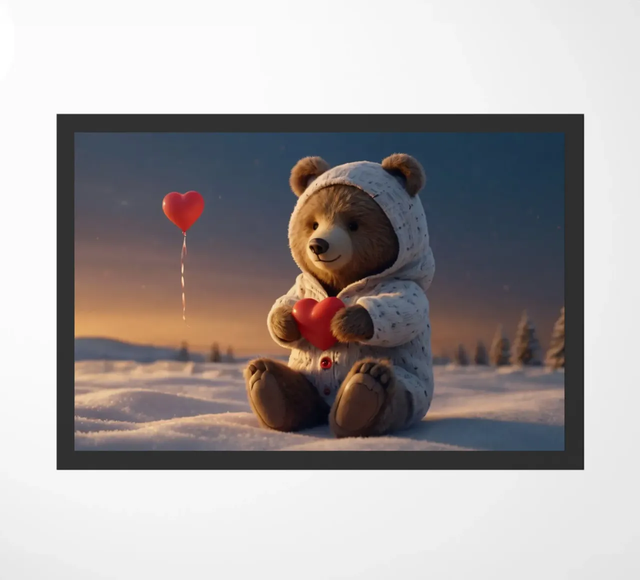 Ein Teddybär in einem kuscheligen Kapuzenpulli hält ein Herz in einem Winterland Fußmatte von DesignDoodle