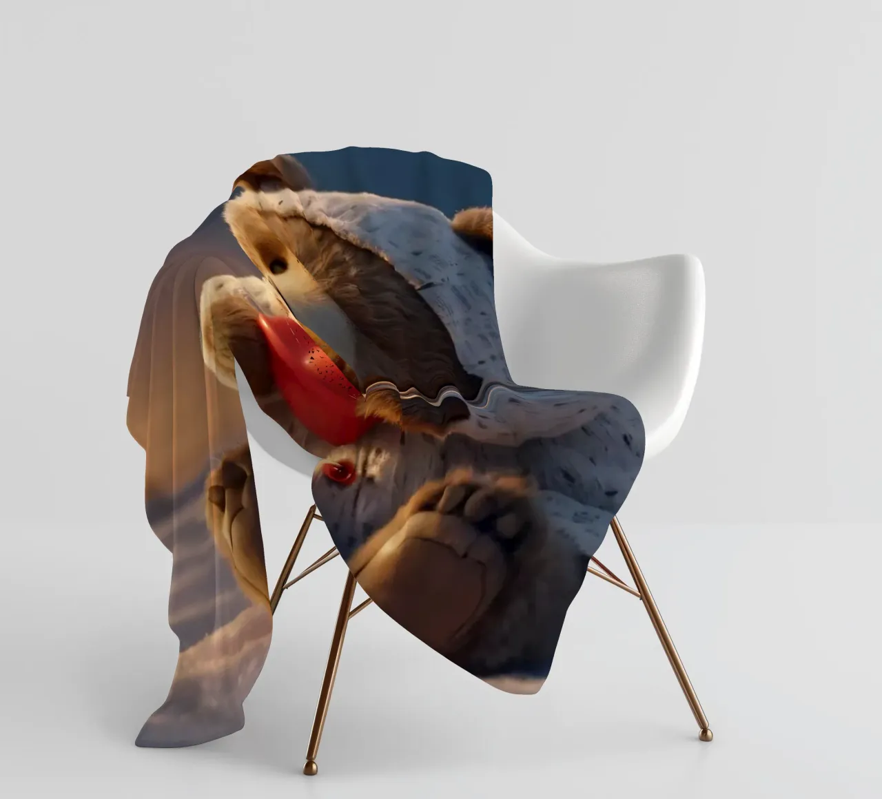 Un orsacchiotto con un'accogliente felpa con cappuccio stringe un cuore in una terra invernale coperta in pile da DesignDoodle