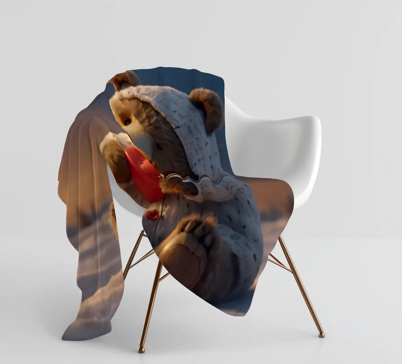 Un orsacchiotto con un'accogliente felpa con cappuccio stringe un cuore in una terra invernale coperta in pile da DesignDoodle