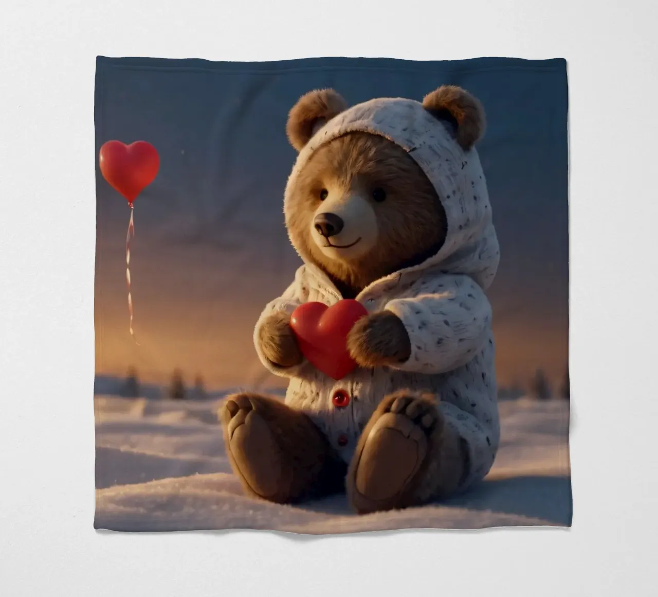 Un orsacchiotto con un'accogliente felpa con cappuccio stringe un cuore in una terra invernale coperta in pile da DesignDoodle