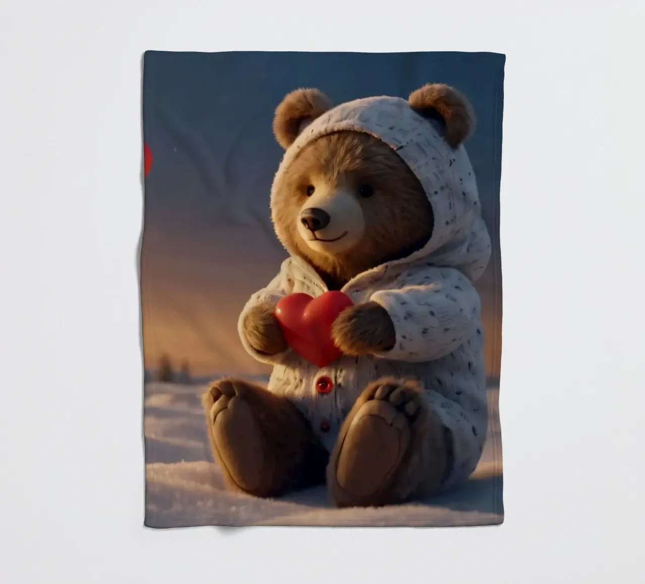 Un orsacchiotto con un'accogliente felpa con cappuccio stringe un cuore in una terra invernale coperta in pile da DesignDoodle
