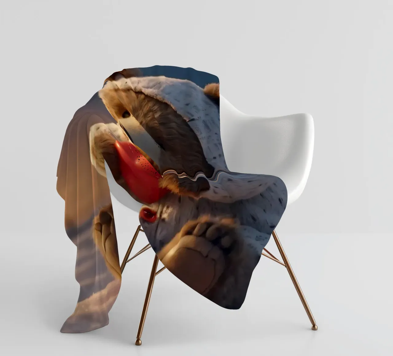 Un orsacchiotto con un'accogliente felpa con cappuccio stringe un cuore in una terra invernale coperta in pile da DesignDoodle