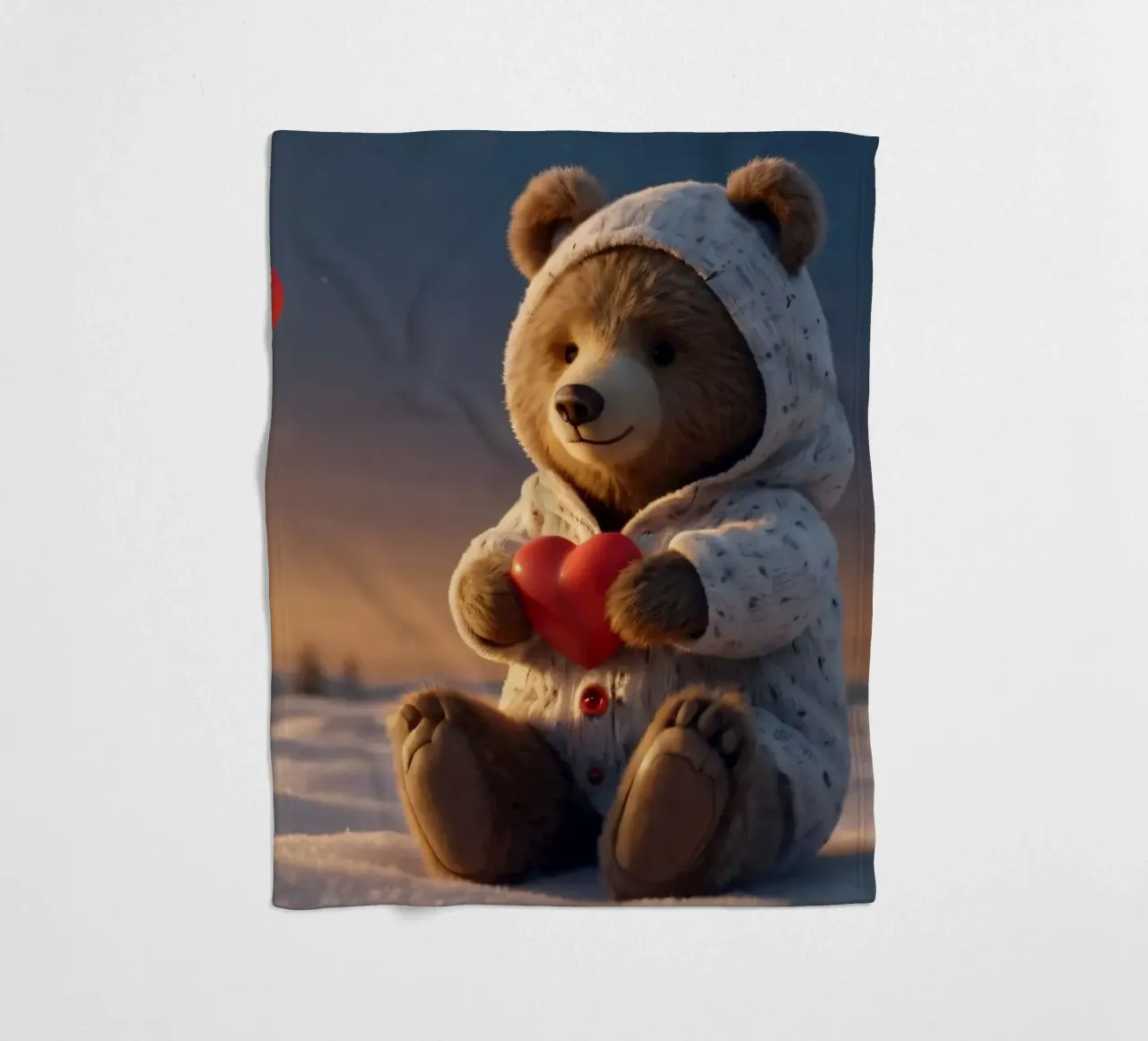 Un orsacchiotto con un'accogliente felpa con cappuccio stringe un cuore in una terra invernale coperta in pile da DesignDoodle