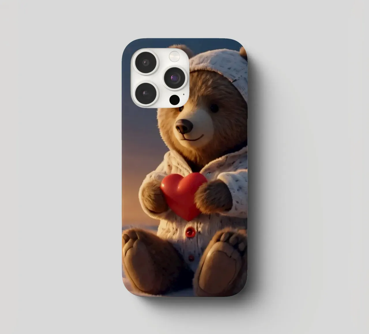 Un orsacchiotto con un'accogliente felpa con cappuccio stringe un cuore in una terra invernale cover iphone da DesignDoodle